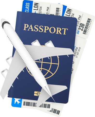 Passports, boarding passes and airplane